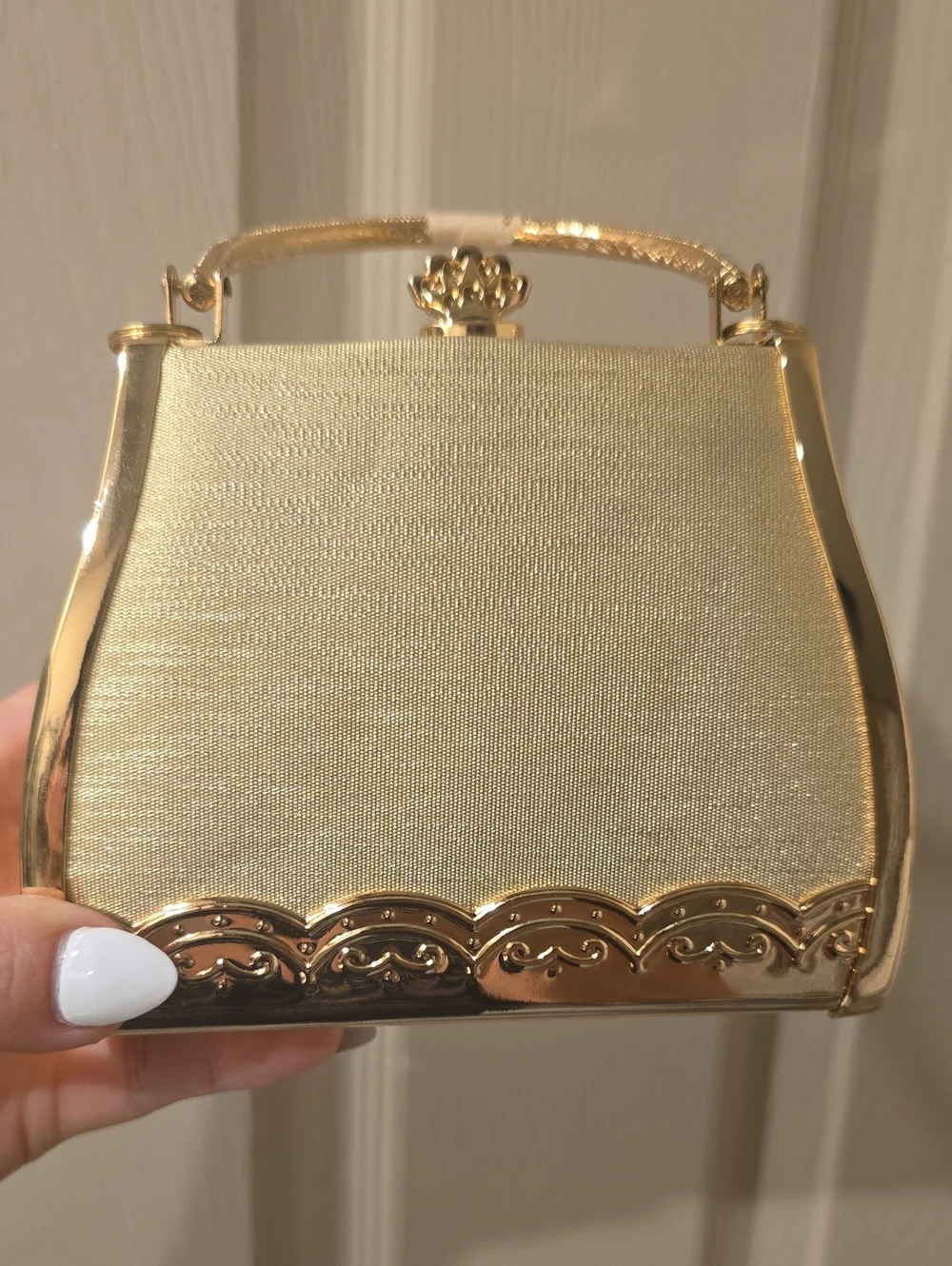 Gold Evening Top-Handle Clutch with Rhinestone Heart Accent